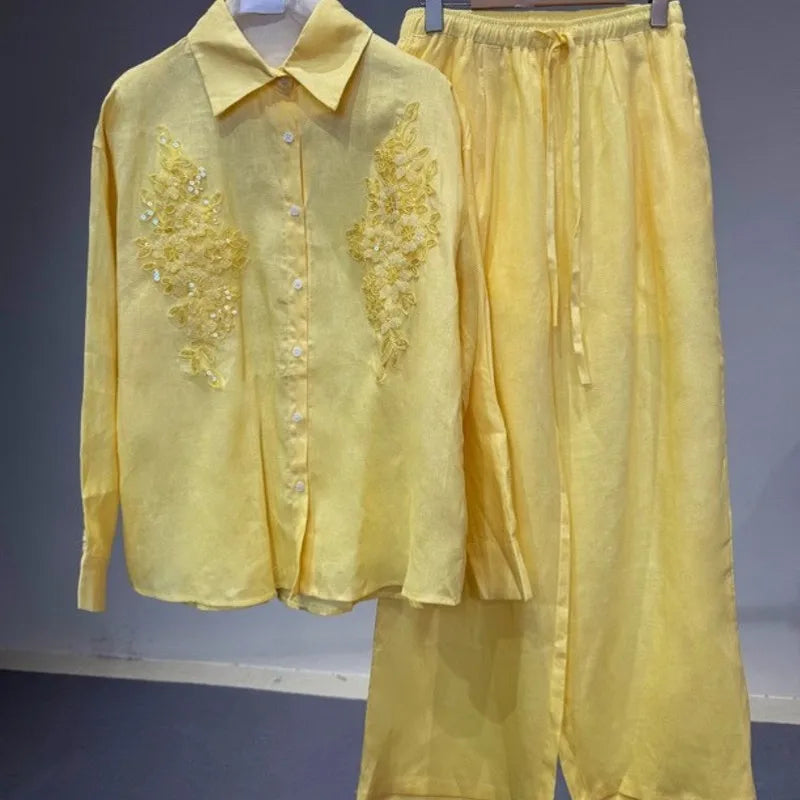 Spring Summer Women Embroidered Linen Sets Loose Fit Long Sleeve Shirt Outfits Elastic Waist Wide Leg Floor Pants Two Piece Set