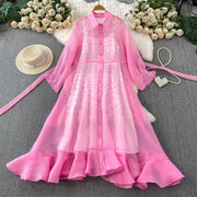 Fashion Temperament Bandage Slim Waist Dress Fairy Gauze Ruffled Long Robe Turn-down Collar Single Breasted Diamonds Vestidos