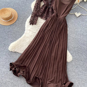 Lace Ruffle Camis Midi Dress Two Pieces Sets V Neck Top  Vintage   Tulle Pleated  Skirt   High Waist A-line Skirt Fall Sets