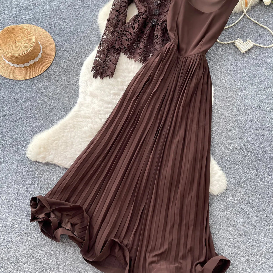 Lace Ruffle Camis Midi Dress Two Pieces Sets V Neck Top  Vintage   Tulle Pleated  Skirt   High Waist A-line Skirt Fall Sets