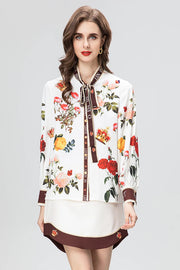 Fashion Designer Elegant Floral Print Skirt Set Women's Lantern Sleeve Frenulum Slim Top+Mini Skirt 2 Pieces Set