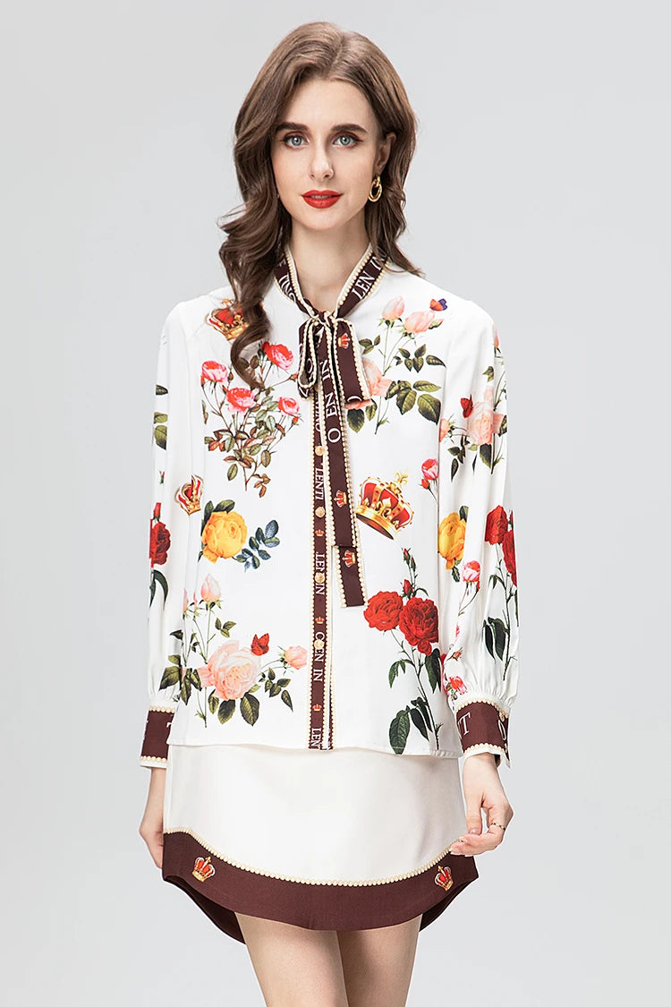 Fashion Designer Elegant Floral Print Skirt Set Women's Lantern Sleeve Frenulum Slim Top+Mini Skirt 2 Pieces Set