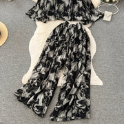 Autumn Women Draped Two Piece Set Bohemian Female Floral Pleated Short Blouse + High Waist Wide Leg Pants Chiffon Suit 2Pcs New