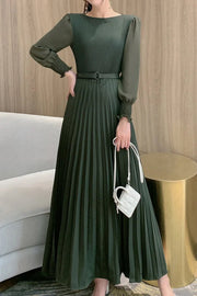 High Quality Bow Front Vintage Belted Bodycon Pleated Long Dress