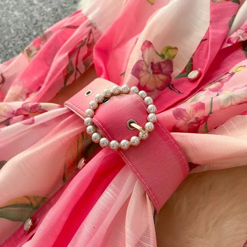 Long Dress Women Dresses Print Floral Turn Down Collar A Line Vestidos Lantern Sleeve Elegant High Waist Y2k 2025 Streetwear