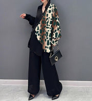 High Quality Black Patchwork V Neck Blouse And Wide Leg Pants Two Piece Sets