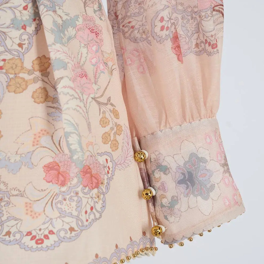 Ele High Waist Long Sve Printed Dr with Pearl Embelliment Slimming Effect irt Sle ort Pants Ensemble
