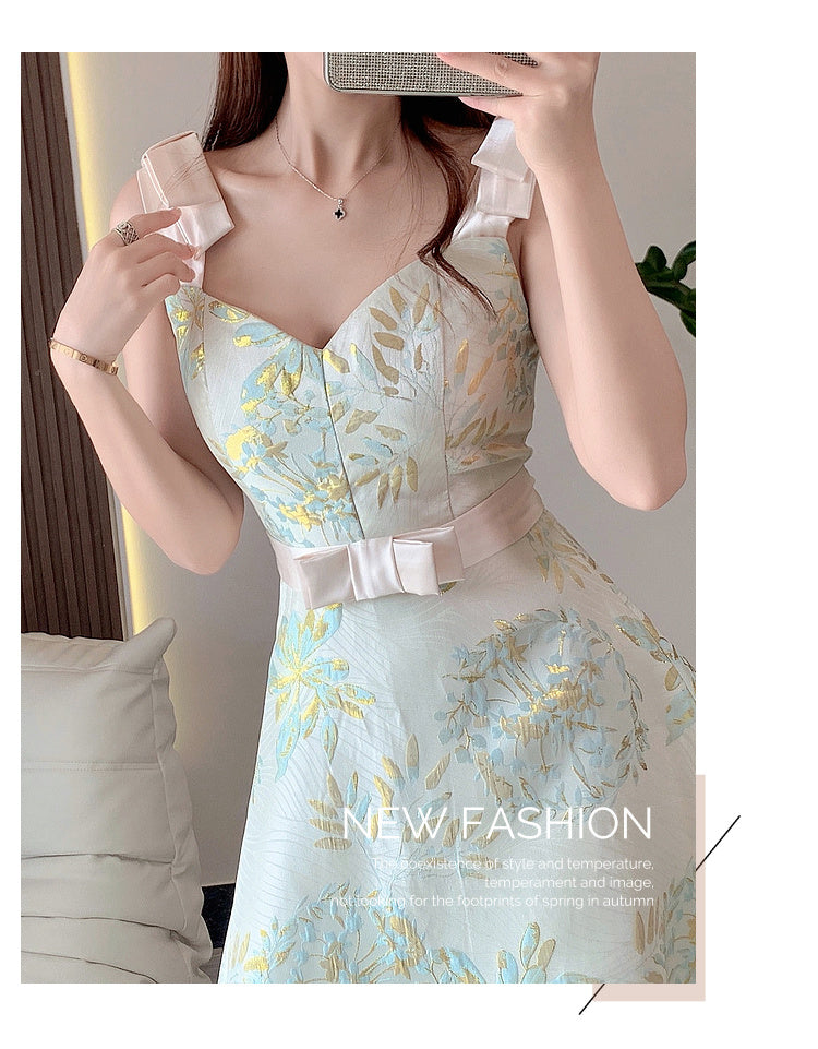 High Quality Elegant Sleeveless French Gorgeous Flower Jacquard Dress