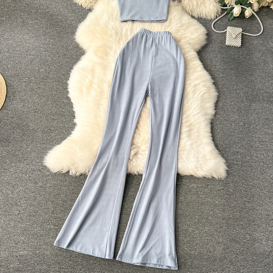 2 Piece Sets High Quality Skinny Crop Tops + Long Flare Pants