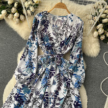 High Quality Multi Colors V Neck A-Line Floral Long Sleeve Dress
