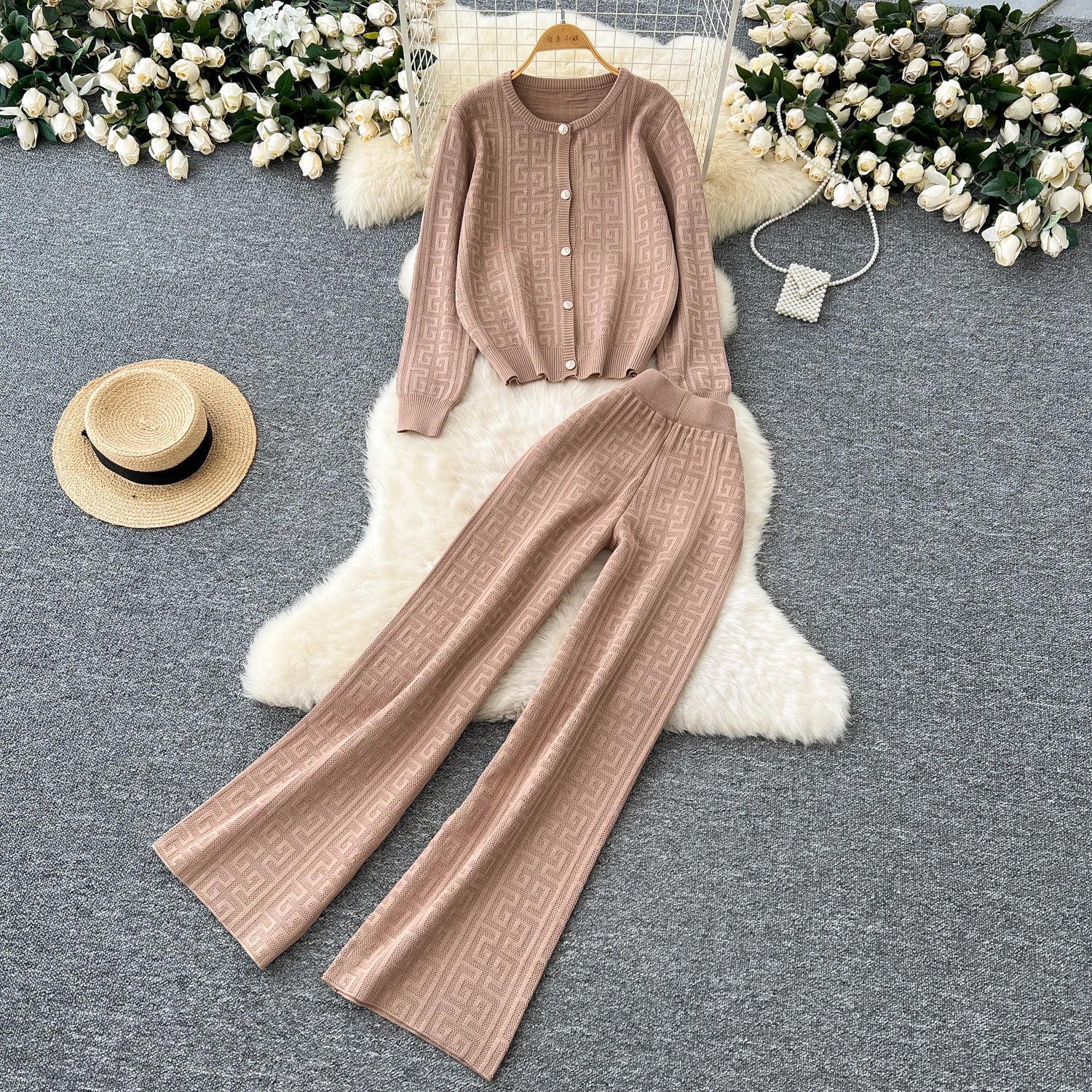 High quality long sleeve cardigan + long elastic pants knitted sets