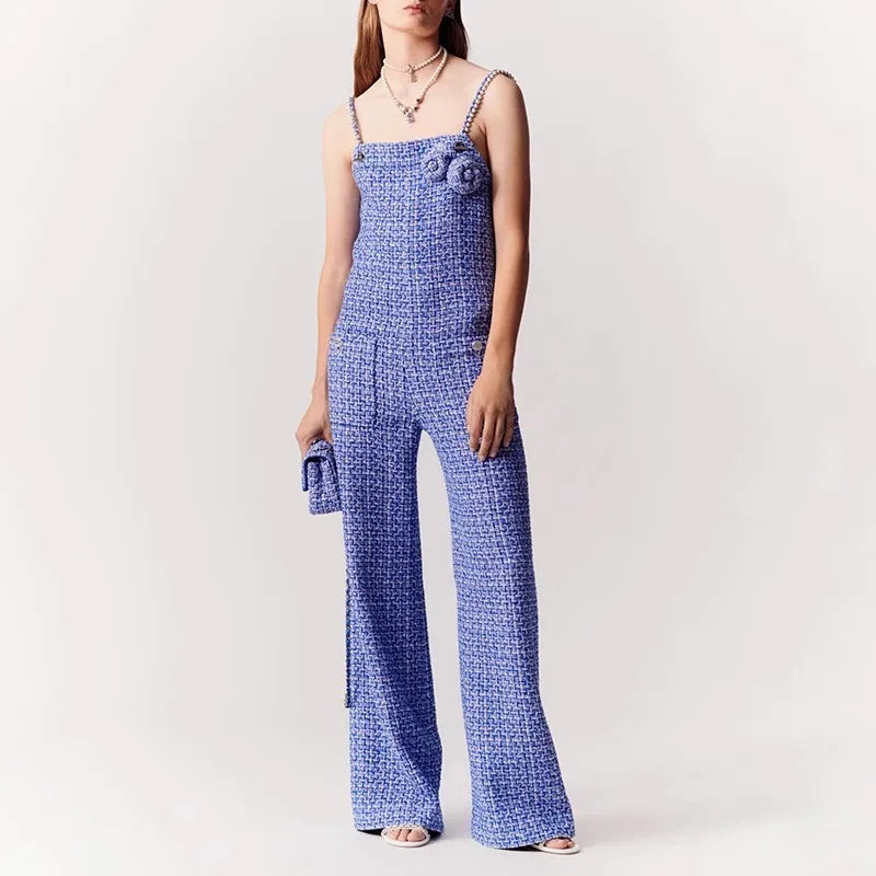 Designer Women Autumn Suspenders Jumpsuit Pearls Beading Strap Long Wide Leg Pants High Street One Piece Tweed Jumpsuits
