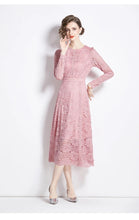 High Quality Pink and Yellow Lace Long Sleeve A-line Elegant Dress
