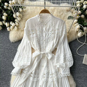 Elegant retro style slit maxi dress with pearl buttons and high-quality crochet embroidery