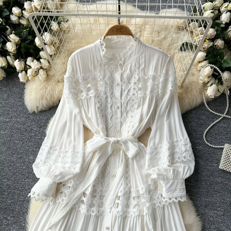 Elegant retro style slit maxi dress with pearl buttons and high-quality crochet embroidery