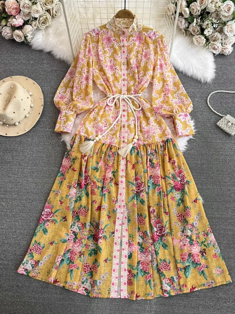 High Neck Long Flare Sleeve Belted High Quality Flower Dress