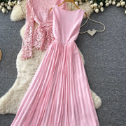 Lace Ruffle Camis Midi Dress Two Pieces Sets V Neck Top  Vintage   Tulle Pleated  Skirt   High Waist A-line Skirt Fall Sets