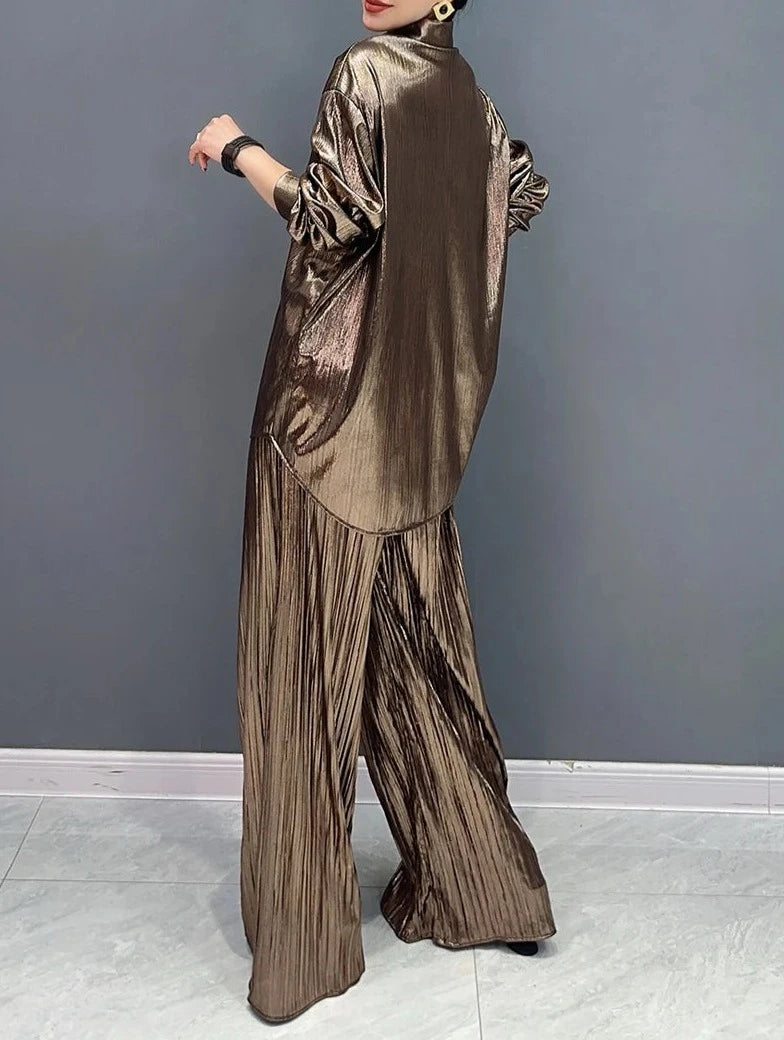 Two Piece Sets Shiny Pleated Long Shirt with Belt Wide Leg Pants High Quality