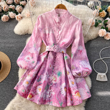 High Quality Floral Print Belted Long Flare Sleeve Stand Collar Flower Mini Dress