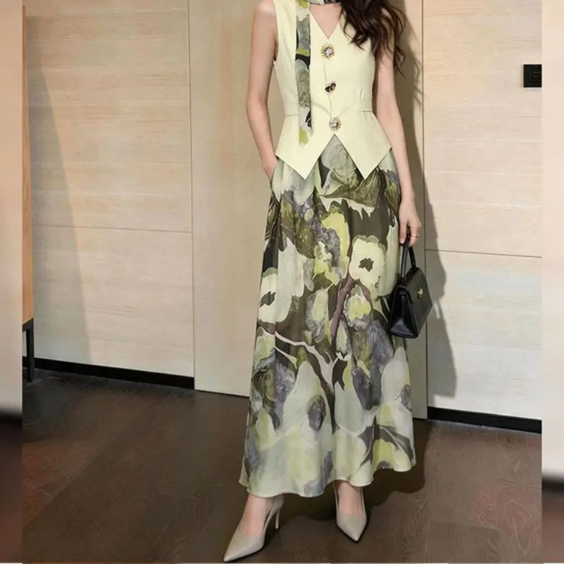 New Summer Office Lady Women's Suit Fashion V-neck Sleeveless Vest Top with Ribbon + A-line Printed Long Skirt Two Piece Set