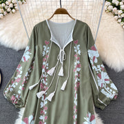 High quality multi color long sleeve printed embroidered dress