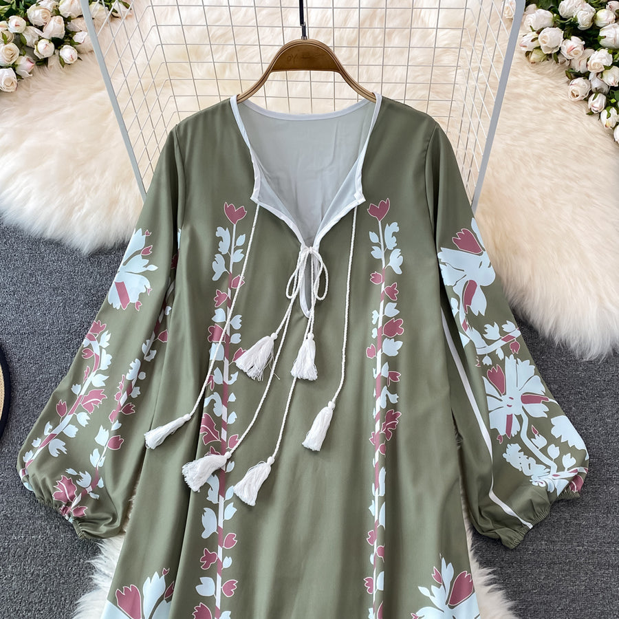 High quality multi color long sleeve printed embroidered dress