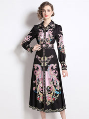 High Quality Flower Print Elegant Belted Long Flare Sleeve Dresses