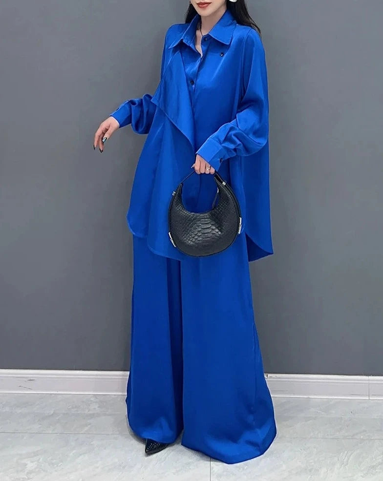 Red and Blue Solid Color Matching Loose Sets Long Sleeve Shirt+Wide Leg Pants High Quality