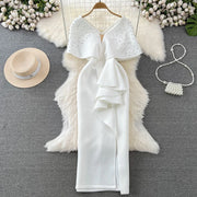 High-end sweet dress with V-neckline, high-quality wrap waist