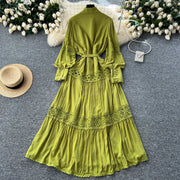 Elegant Long Lantern Sleeve Loose A Line Dress with Lace Patchwork and Pearl Buttons Belt High Quality