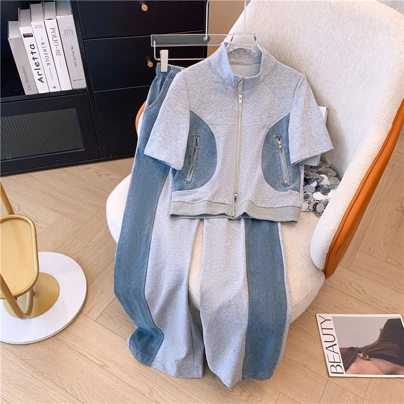 2024 Summer New Stitched Zipper T-shirt top Female Set Elegant Women's Jeans Casual Blouse Two Piece Set Ladies Tracksuits big