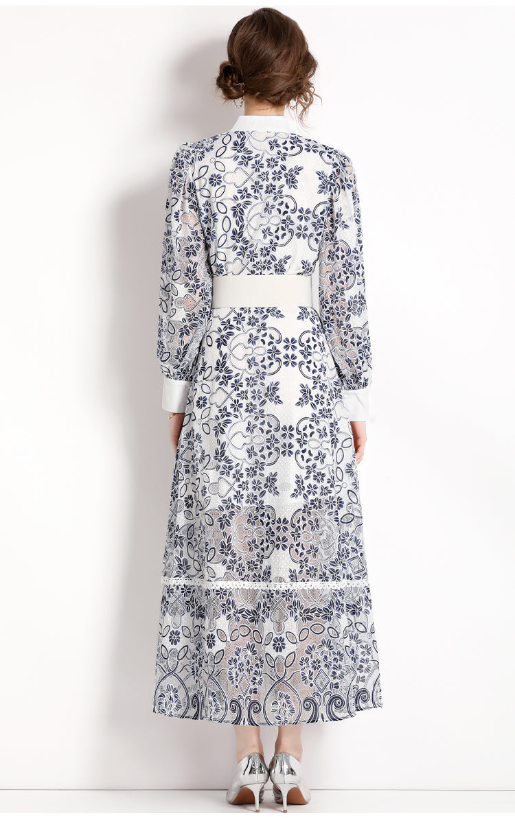 Printed Lace Long Maxi Dress, Long Lantern Sleeves Belted Single Breasted High Quality