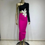 High Quality Flower Beaded Single Sleeve Sexy Midi Bandage Dress