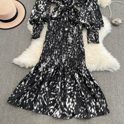 Retro Sweet V Neck Slim Lace -up Print Autumn Summer Elegant Elastic Dress A-line Long Sleeve Vacation Women Mermaid Dresses