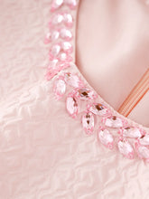 High Quality Short Sleeve Beaded Pink Jacquard Dresses