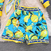 Summer Runway Fashion Sicily Lemon Print Two Piece Outfits Women Long Sleeve Bandage Crop Top＋Beach Pocket Shorts Sets
