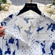 Hollow Out Embroidery 2 Pieces Set Women Stand Lantern Sleeve Pearls Buttons Linen Shirt Top + High Waist Pocket Shorts Suits