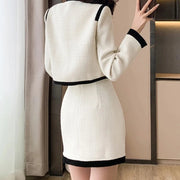 Single Breasted Bow Tweed Short Jacket Coat + Mini Pencil Skirt Two Piece Set High Quality