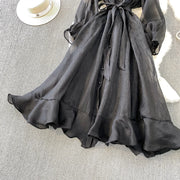 Fashion Temperament Bandage Slim Waist Dress Fairy Gauze Ruffled Long Robe Turn-down Collar Single Breasted Diamonds Vestidos