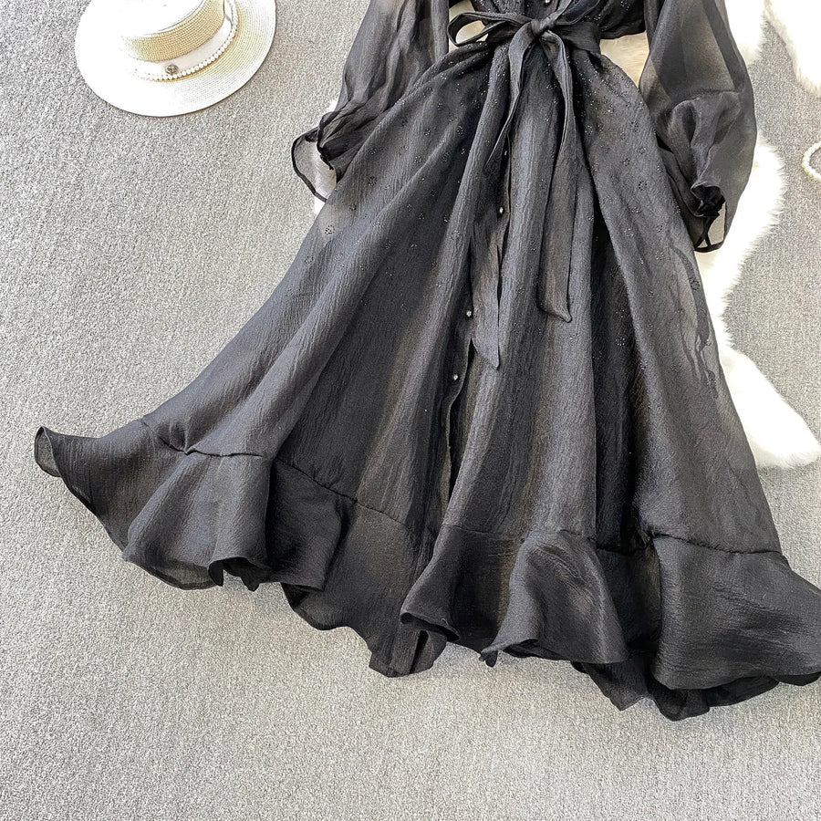 Fashion Temperament Bandage Slim Waist Dress Fairy Gauze Ruffled Long Robe Turn-down Collar Single Breasted Diamonds Vestidos