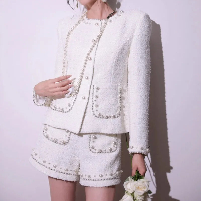New Elegant Work Ladies Pearl O-Neck Short Jacket Outfits Autumn Winter Party Coat Two-Piece Set Above Knee Length Shorts Sets