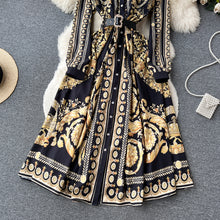 High Quality Gold Floral Print Belt Full Sleeve Single Breasted Maxi Dress