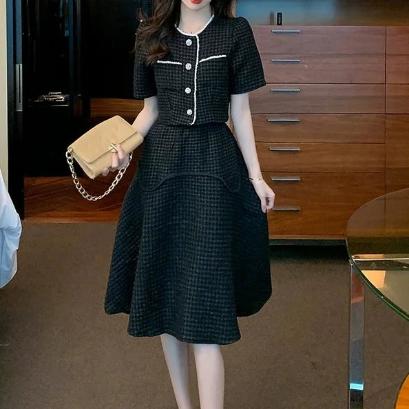 Two Piece Sets Puff Sleeve Tops+ High Waist Skirt High Quality