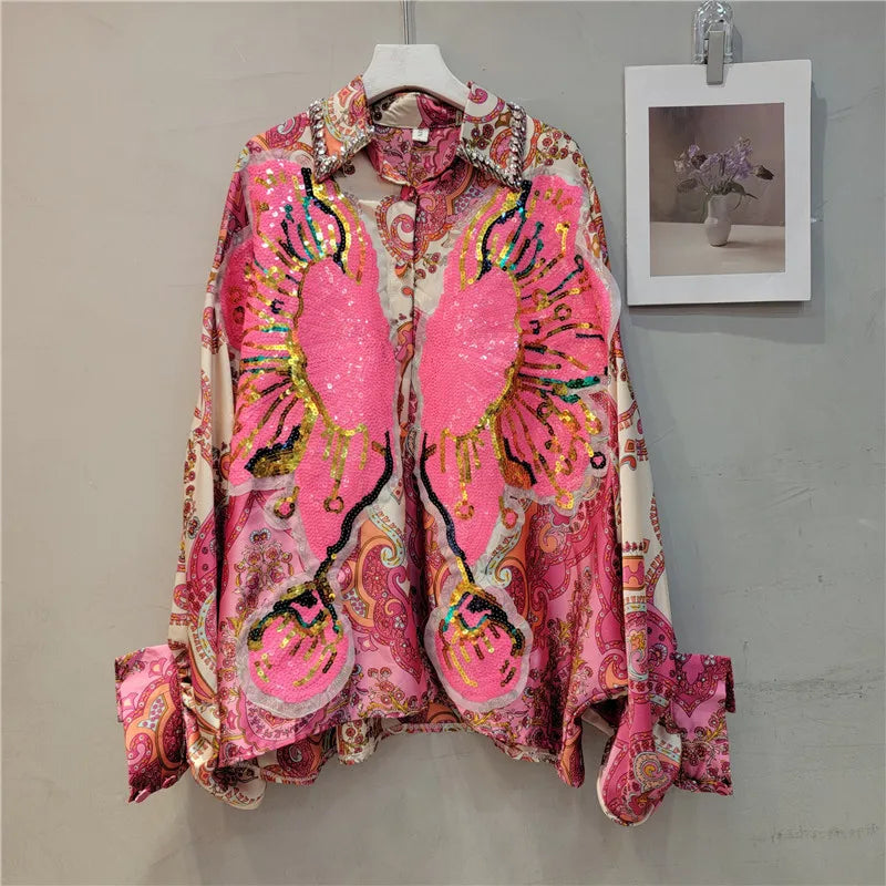 High Quality Batwing Sleeve Loose Fit Floral Embroidery Sequined Shirts