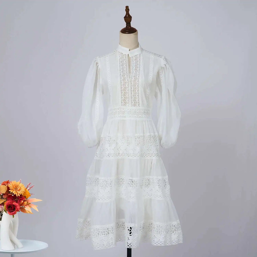 Quality Organza Midi Hollow Out Dresses Women's Half Sleeve Summer Embroidery Lace Evening Party Short Dress Shirt Lady