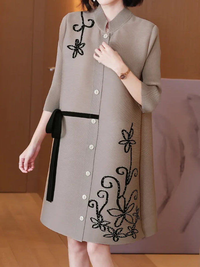 Spring New Miyake Pleated Magic Dress Button Cardigan Sticking Diamond Print Dress Temperament Large Women's Shirt Dress