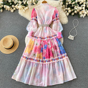 High Quality Belted Lantern Sleeve High Neck Flower Print Dress