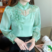 Elegant  Autumn Shirt Embroidery Beads Chiffon Simple Office Blouse Loose Tops Long Sleeve Casual Blouses Women