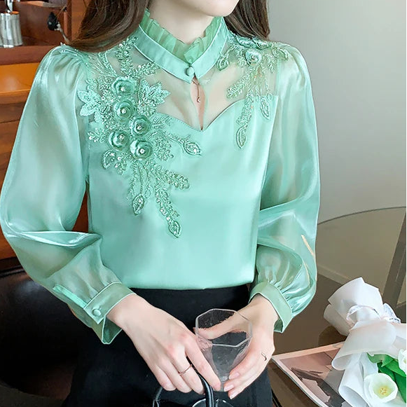 Elegant  Autumn Shirt Embroidery Beads Chiffon Simple Office Blouse Loose Tops Long Sleeve Casual Blouses Women
