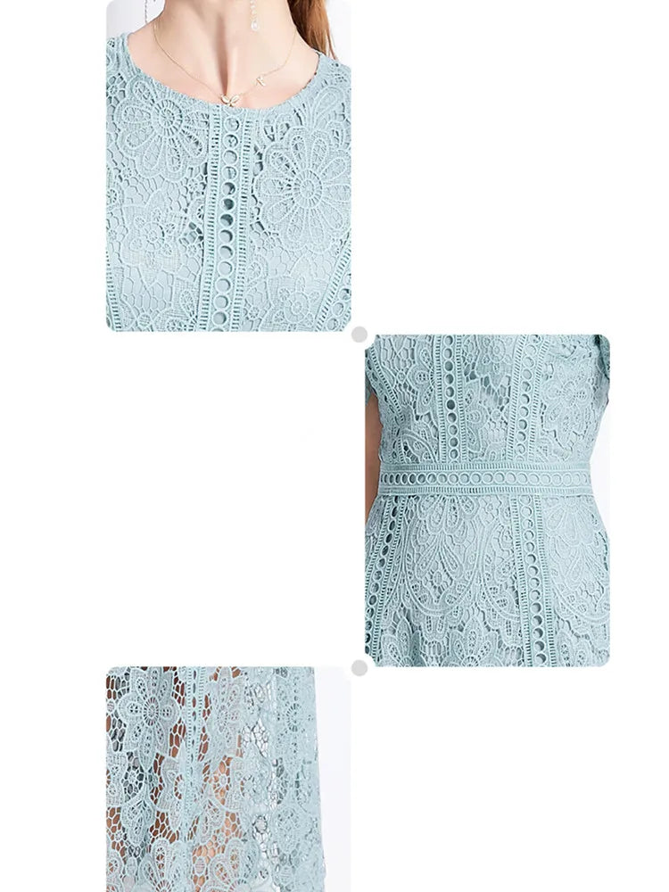 High quality openwork lace short sleeve round neck high-end vintage dress